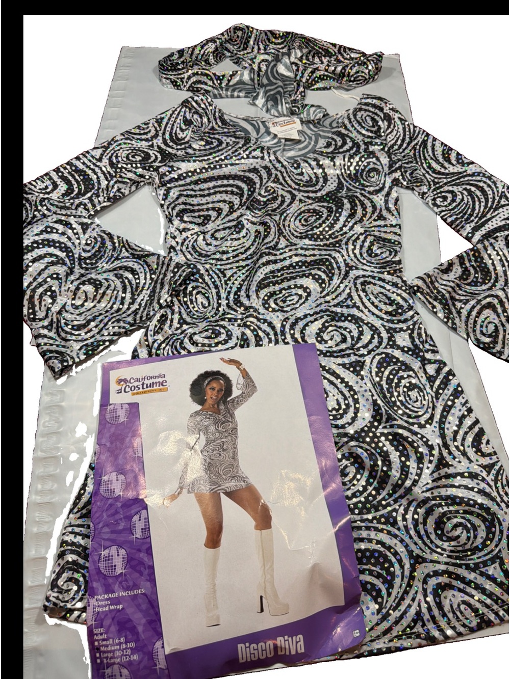 1970s Disco Diva Black White Sparkle Swirl Costume Dress Headband Set Women’s M